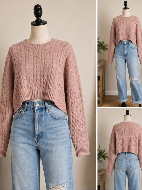 Altar'd State Sweaters - Alter’d State Women’s Medium Blush Pink Cable Knit Cropped Sweater Long Sleeve